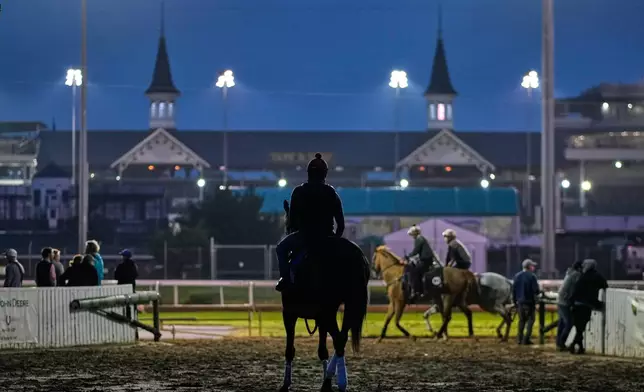 A horse heads to the track for a workout at Churchill Downs Tuesday, April 28, 2026, in Louisville, Ky. (AP Photo/Charlie Riedel)