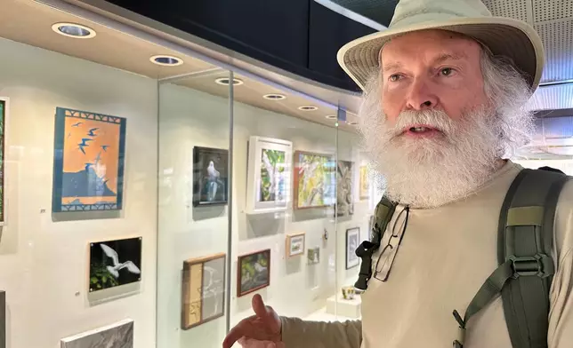 Rich Downs, coordinator of the volunteer group Hui Manu-o-Ku, speaks at an exhibit of art depicting white tern seabirds displayed at Capitol Modern: The Hawaii State Art Museum, Saturday, March 28, 2026, in Honolulu. (AP Photo/Audrey McAvoy)