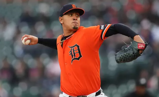 Detroit Tigers pitcher Keider Montero throws against the Miami Marlins during the first inning of a baseball game Friday, April 10, 2026, in Detroit. (AP Photo/Paul Sancya)