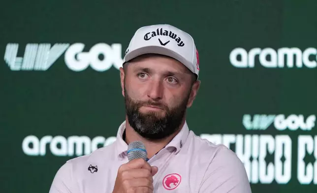 Captain Jon Rahm of Legion XIII speaks after the first round of the LIV Golf tournament in Naucalpan on the outskirts of Mexico City, Thursday, April 16, 2026. (AP Photo/Fernando Llano)