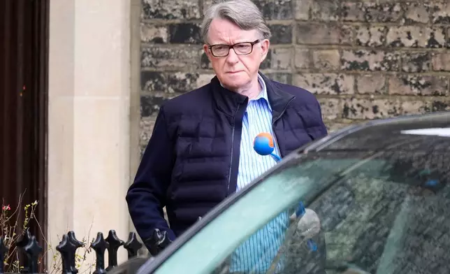 Peter Mandelson is seen outside his home in London, Friday, April 17, 2026. (Jordan Pettitt/PA via AP)