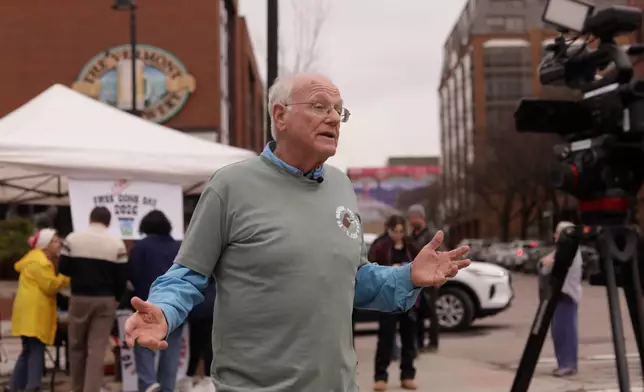 Ben and Jerry's co-founder Ben Cohen speaks during an interview about his Free the Cone Day campaign, asking supporters to help restore the company's independence and protect its social mission on Free Cone Day in Burlington, Vt., Tuesday, April 14, 2026. (AP Photo/Amanda Swinhart)