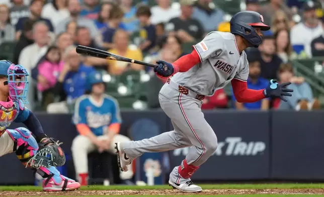 Washington Nationals' José Tena hits an RBI single during the seventh inning of a baseball game against the Milwaukee Brewers, Sunday, April 12, 2026, in Milwaukee. (AP Photo/Aaron Gash)