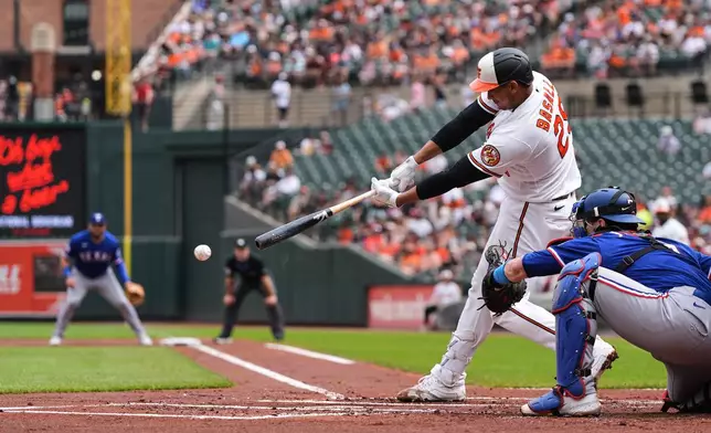 Baltimore Orioles' Samuel Basallo (29) hits a single during the first inning of a baseball game against the Texas Rangers, Wednesday, April 1, 2026, in Baltimore. (AP Photo/Stephanie Scarbrough)