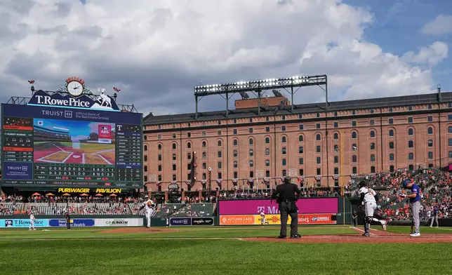 A called ball is overturned through the Automated Ball-Strike system, resulting in a win for the Baltimore Orioles over the Texas Rangers in the ninth inning of a baseball game, Wednesday, April 1, 2026, in Baltimore. (AP Photo/Stephanie Scarbrough)