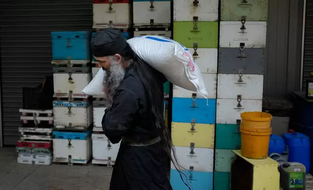 Father Seraphim carries a sack of feed for sheep at the Monastery of St. Augustine and Seraphim of Sarov in the village of Trikorfo, about 236 kilometers (147 miles) northwest of Athens, Friday, March 20, 2026. (AP Photo/Thanassis Stavrakis)