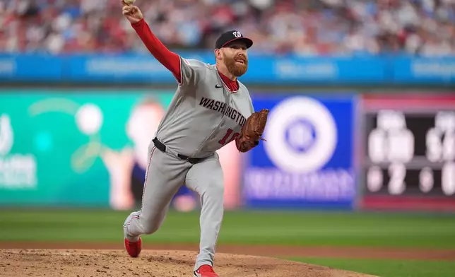 Washington Nationals' Zack Littell pitches during the second inning of a baseball game against the Philadelphia Phillies, Tuesday, March 31, 2026, in Philadelphia. (AP Photo/Matt Rourke)