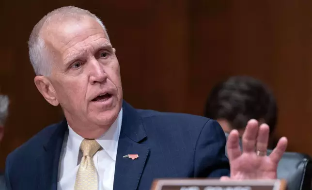 Sen. Thom Tillis, R-N.C., speaks during the confirmation hearing of Kevin Warsh, nominee for Federal Reserve chair, on Capitol Hill, in Washington Tuesday, April 21, 2026. (AP Photo/Jose Luis Magana)