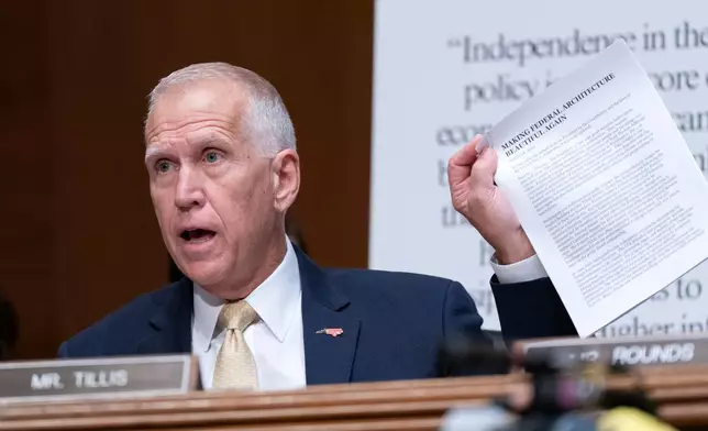 Sen. Thom Tillis, R-N.C., speaks during the confirmation hearing of Kevin Warsh, nominee for Federal Reserve chair, on Capitol Hill, in Washington Tuesday, April 21, 2026. (AP Photo/Jose Luis Magana)