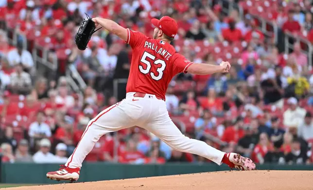 St. Louis Cardinals pitcher Andre Pallante delivers against the Seattle Mariners during the first inning of a baseball game, Friday, April 24, 2026, in St. Louis. (AP Photo/Jeff Le)