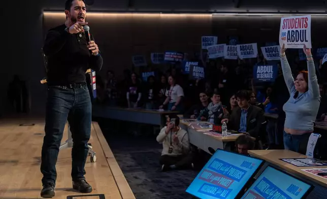 Abdul El-Sayed, a progressive candidate in the Democratic primary for U.S. Senate in Michigan, speaks at a campaign event, Tuesday, April 7, 2026, at the University of Michigan in Ann Arbor, Mich. (AP Photo/Julia Demaree Nikhinson)