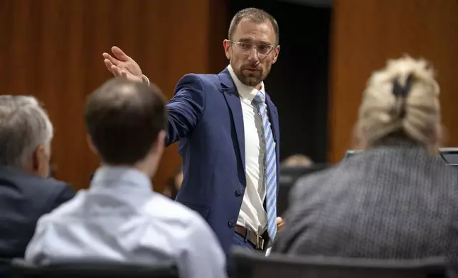 Deputy Utah County Attorney Ryan McBride gestures to the defense table in 4th District Court in Provo, Utah, on Friday, April 17, 2026. (Trent Nelson/The Salt Lake Tribune via AP, Pool)