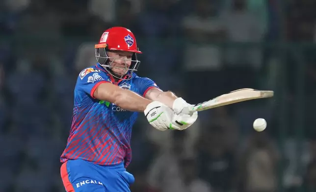 Delhi Capitals' David Miller plays a shot during the Indian Premier League cricket match between Delhi Capitals and Gujarat Titans in New Delhi, India, Wednesday, April. 8, 2026. (AP Photo/ Manish Swarup)
