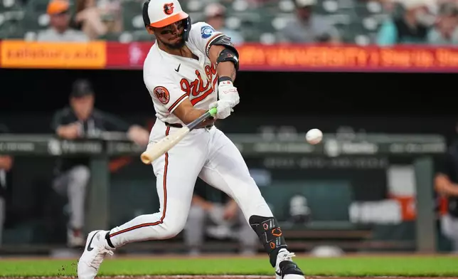 Baltimore Orioles' Jeremiah Jackson hits a single during the second inning of a baseball game against the Arizona Diamondbacks, Tuesday, April 14, 2026, in Baltimore. (AP Photo/Stephanie Scarbrough)