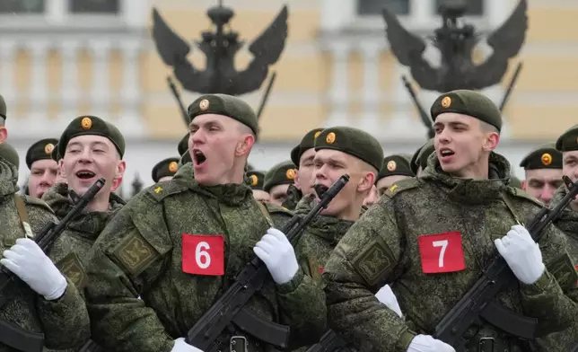 Troops attend a rehearsal for the Victory Day military parade at the Dvortsovaya (Palace) Square in St. Petersburg, Russia, Tuesday, April 28, 2026. (AP Photo/Dmitri Lovetsky)
