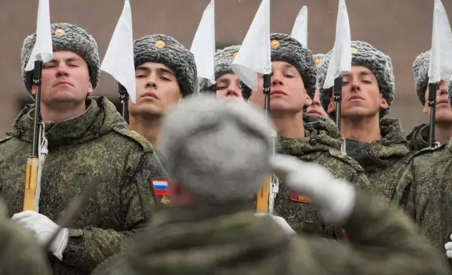 Troops attend a rehearsal for the Victory Day military parade at the Dvortsovaya (Palace) Square in St. Petersburg, Russia, Tuesday, April 28, 2026. (AP Photo/Dmitri Lovetsky)