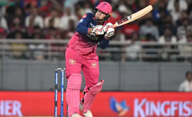 Rajasthan Royals' Vaibhav Sooryavanshi hits a six during the Indian Premier League cricket match between Rajasthan Royals and Punjab Kings in New Chandigarh, India, Tuesday, April 28, 2026.(AP Photo)