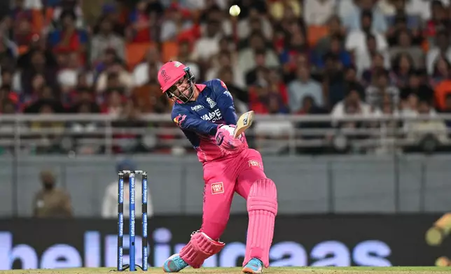 Rajasthan Royals' Donovan Ferreira hits a six during the Indian Premier League cricket match between Rajasthan Royals and Punjab Kings in New Chandigarh, India, Tuesday, April 28, 2026.(AP Photo)