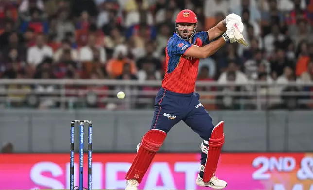 Punjab Kings' Marcus Stoinis plays a shot during the Indian Premier League cricket match between Rajasthan Royals and Punjab Kings in New Chandigarh, India, Tuesday, April 28, 2026.(AP Photo)