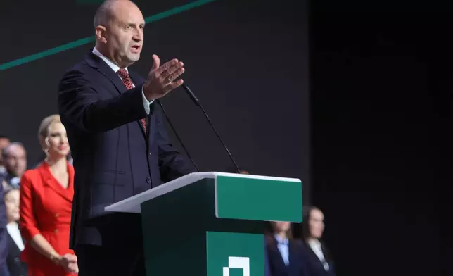 Former Bulgarian President Rumen Radev delivers a speech at the closing rally of his campaign, in Sofia, Thursday, April 16, 2026, as Bulgaria heads into an early parliamentary election. (AP Photo/Valentina Petrova)