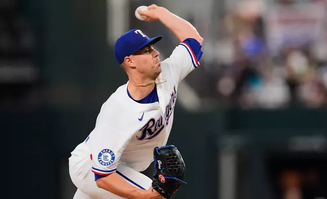 Texas Rangers pitcher MacKenzie Gore throws to the Seattle Mariners in the first inning of a baseball game Wednesday, April 8, 2026, in Arlington, Texas. (AP Photo/Tony Gutierrez)