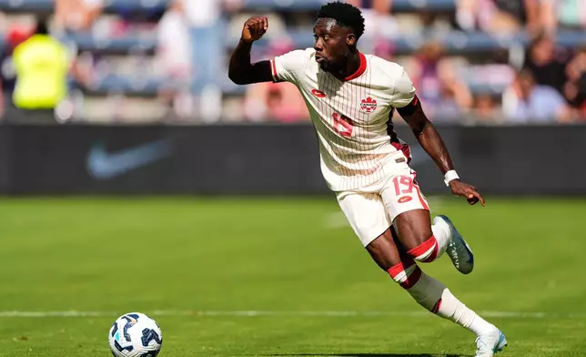 FILE - Canada defender Alphonso Davies during the first half of an international friendly soccer game against the United States, Saturday, Sept. 7, 2024, in Kansas City, Mo. (AP Photo/Charlie Riedel, File)