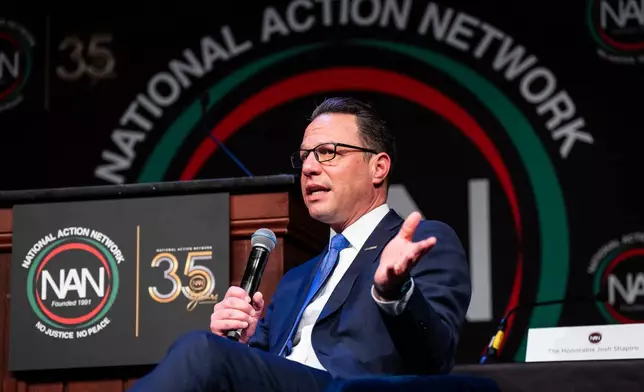 Josh Shapiro, Governor of Pennsylvania, speaks during the National Action Network (NAN) Convention in New York, Wednesday, April 8, 2026. (AP Photo/Angelina Katsanis)
