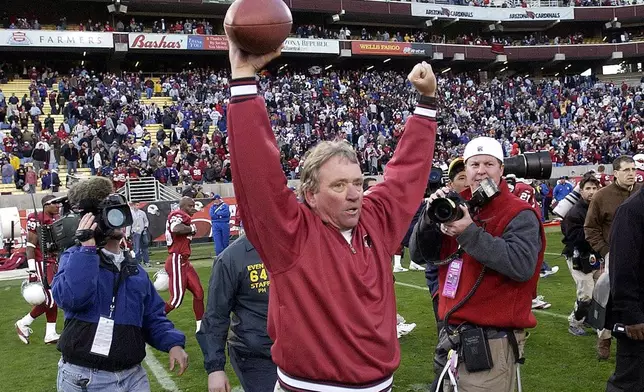FILE - Arizona Cardinals head coach Dave McGinnis reacts to his team's win over the Minnesota Vikings after an NFL football game, Dec. 28, 2003, in Tempe, Ariz. (AP Photo/Matt York, File)