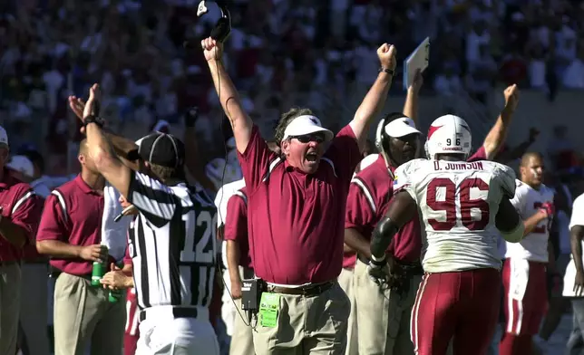 FILE - Arizona Cardinals head coach Dave McGinnis celebrates after his team intercepted a pass in the end zone during an NFL football game against the Green Bay Packers with two seconds remaining, Sept. 21, 2003, in Tempe, Ariz. (AP Photo/Paul Connors, File)