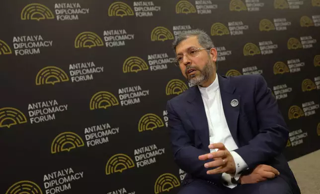 Iran's Deputy Foreign Minister Saeed Khatibzadeh talks during an interview with Associated Press at the Antalya Diplomacy Forum, in Antalya, southern Turkey, Saturday, April 18, 2026. (AP Photo/Riza Ozel)