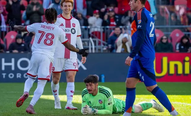 Toronto FC midfielder Malik Henry (78) and forward Josh Sargent (9) celebrate a goal as FC Cincinnati goalkeeper Roman Celentano (18) and FC Cincinnati defender Kyle Smith (24) look on during the second half of an MLS soccer game in Toronto, Saturday, April 11, 2026. (Frank Gunn/The Canadian Press via AP)