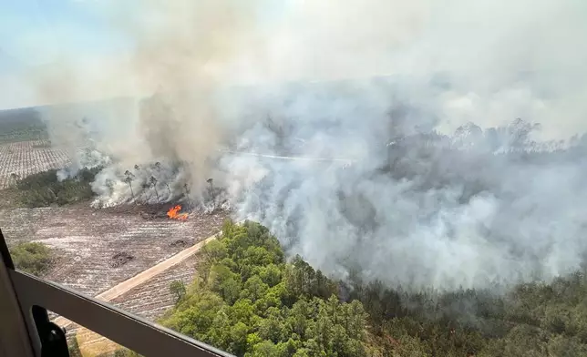 The photo provided by the Office of Gov. Brian Kemp shows smoke produced from a wildfire in Brantley County, Ga., Friday, April 24, 2026. (Office of Gov. Brian Kemp via AP)