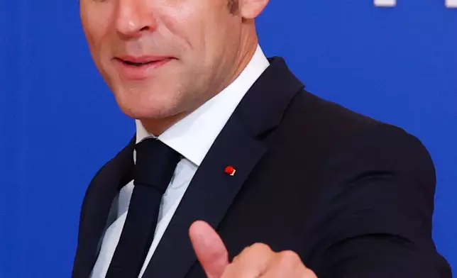 French President Emmanuel Macron arrives for the EU Summit in Nicosia, Cyprus, Friday, April 24, 2026. (Yves Herman, Pool Photo via AP)
