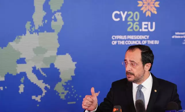 Cypriot President Nikos Christodoulides speaks with the media as he arrives for the EU Summit in Nicosia, Cyprus, Friday, April 24, 2026. (AP Photo/Petros Karadjias)
