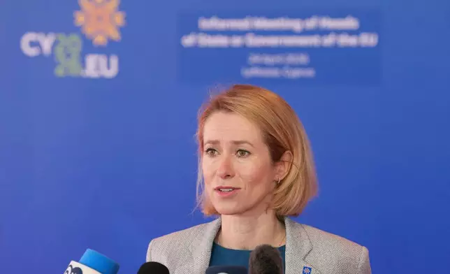 European Union foreign policy chief Kaja Kallas speaks with the media as she arrives for the EU Summit in Nicosia, Cyprus, Friday, April 24, 2026. (AP Photo/Petros Karadjias)