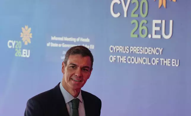 Spain's Prime Minister Pedro Sanchez arrives for the EU Summit in Nicosia, Cyprus, Friday, April 24, 2026. (AP Photo/Petros Karadjias)