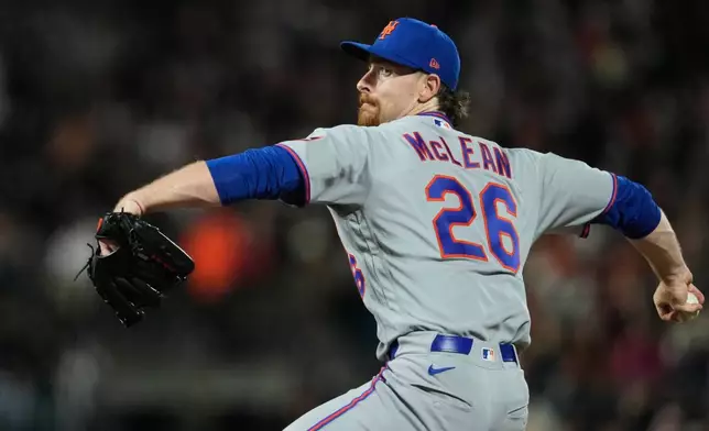 New York Mets pitcher Nolan McLean throws to a San Francisco Giants batter during the third inning of a baseball game Friday, April 3, 2026, in San Francisco. (AP Photo/Godofredo A. Vásquez)