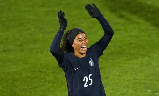 United States defender Kennedy Wesley celebrates after a goal against Japan during the second half of an international friendly soccer match Friday, April 17, 2026, in Commerce City, Colo. (AP Photo/Jack Dempsey)