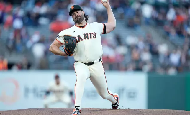 San Francisco Giants pitcher Robbie Ray throws against the New York Mets during the first inning of a baseball game in San Francisco, Thursday, April 2, 2026. (AP Photo/Tony Avelar)