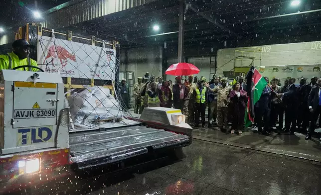 Four mountain bongos, a type of antelope, repatriated from the Czech Republic, arrive at Jomo Kenyatta International Airport in Nairobi, Kenya, Tuesday, April 28, 2026. (AP Photo/Brian Inganga) CORRECTION: Type corrected to antelope, instead of gazelle