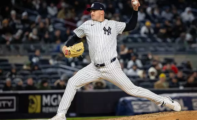 New York Yankees pitcher Brent Headrick (47) pitches during the seventh inning of a baseball game against the Athletics, Tuesday, April 7, 2026, in New York. (AP Photo/Angelina Katsanis)