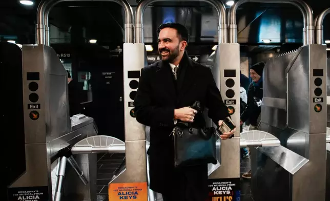 FILE - New York City Mayor Zohran Mamdani arrives at the subway station in the Queens borough of New York, Jan. 2, 2026. (AP Photo/Eduardo Munoz Alvarez, File)