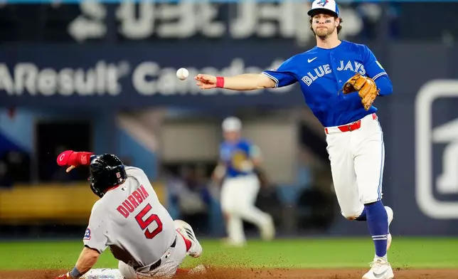 Toronto Blue Jays third baseman Ernie Clement, right, forces out Boston Red Sox's Caleb Durbin (5) and throws back to first base but fails to make a double play during fifth-inning baseball game action in Toronto, Monday, April 27, 2026. (Frank Gunn/The Canadian Press via AP)