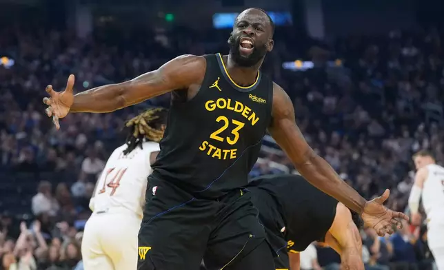 Golden State Warriors forward Draymond Green (23) gestures toward an official during the first half of an NBA basketball game against the Cleveland Cavaliers in San Francisco, Thursday, April 2, 2026. (AP Photo/Jeff Chiu)