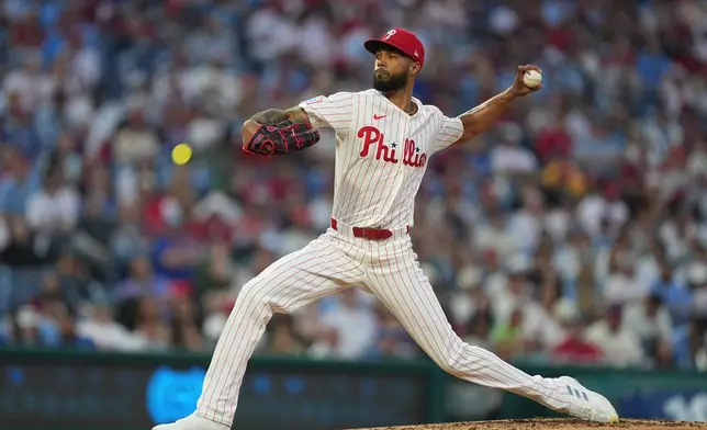 Philadelphia Phillies' Cristopher Sánchez pitches during the third inning of a baseball game against the Chicago Cubs, Monday, April 13, 2026, in Philadelphia. (AP Photo/Matt Rourke)