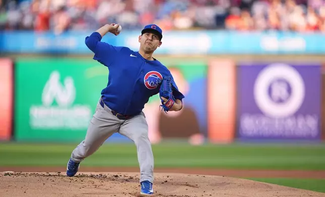 Chicago Cubs' Javier Assad pitches during the first inning of a baseball game against the Philadelphia Phillies, Monday, April 13, 2026, in Philadelphia. (AP Photo/Matt Rourke)