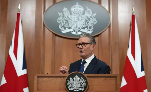 Britain's Prime Minister Keir Starmer speaks during a press conference at Downing Street in London, Wednesday, April 1, 2026. (AP Photo/Frank Augstein, Pool)