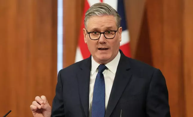 Britain's Prime Minister Keir Starmer speaks during a press conference at Downing Street in London, Wednesday, April 1, 2026. (AP Photo/Frank Augstein, Pool)