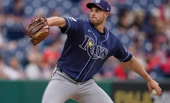 Tampa Bay Rays' Steven Matz pitches in the second inning of a baseball game against the Cleveland Guardians in Cleveland, Monday, April 27, 2026. (AP Photo/Sue Ogrocki)
