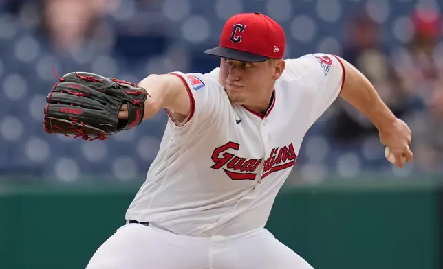 Cleveland Guardians' Parker Messick pitches in the first inning of a baseball game against the Tampa Bay Rays in Cleveland, Monday, April 27, 2026. (AP Photo/Sue Ogrocki)